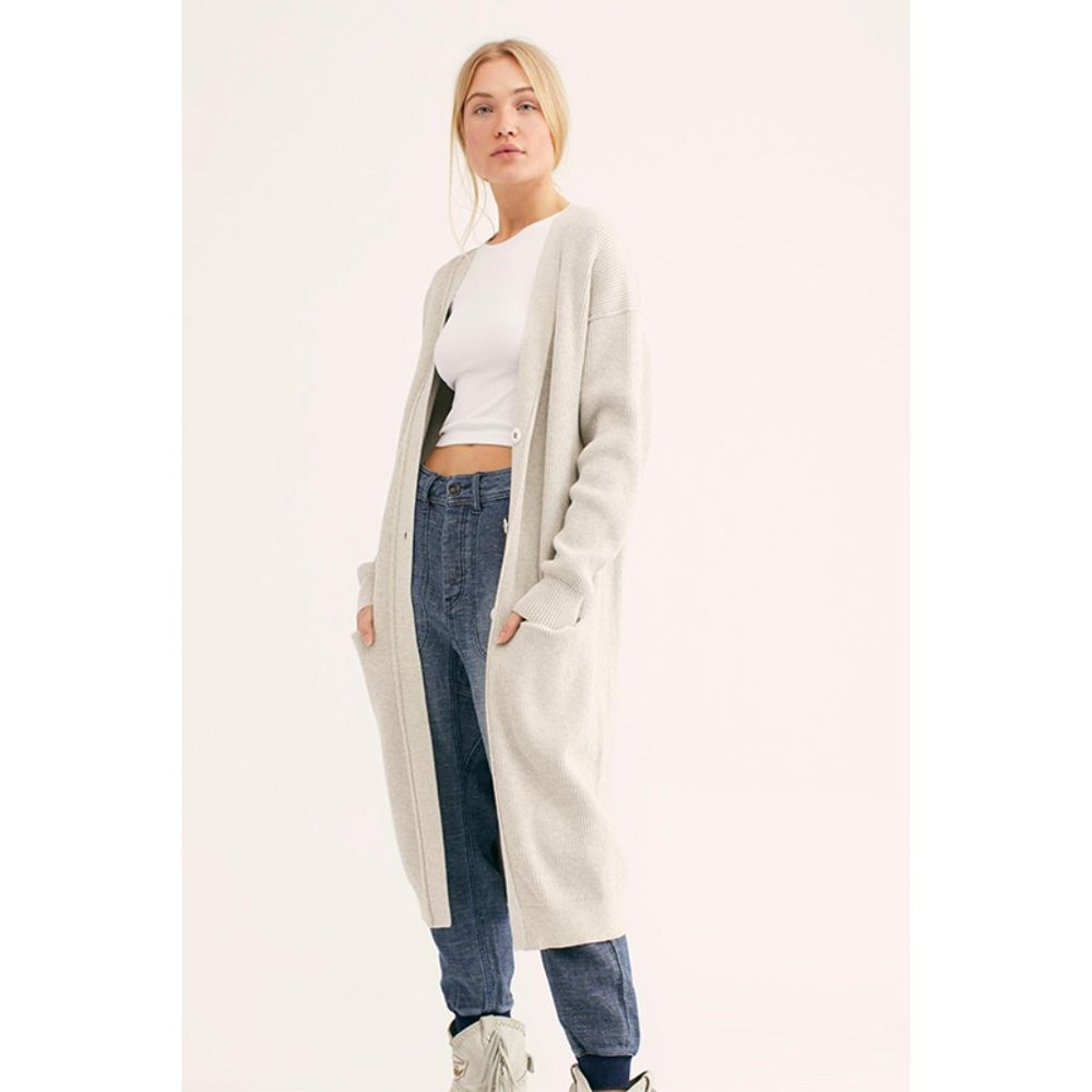 NWOT Free People Run to You Cardigan Longline Sweater Light Heather Grey Small